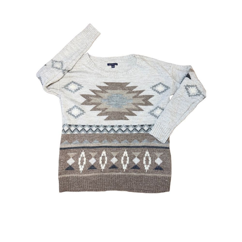 Geometric Patterned Sweater AE Wool Aztec Gray Brown winter Christmas grannycore